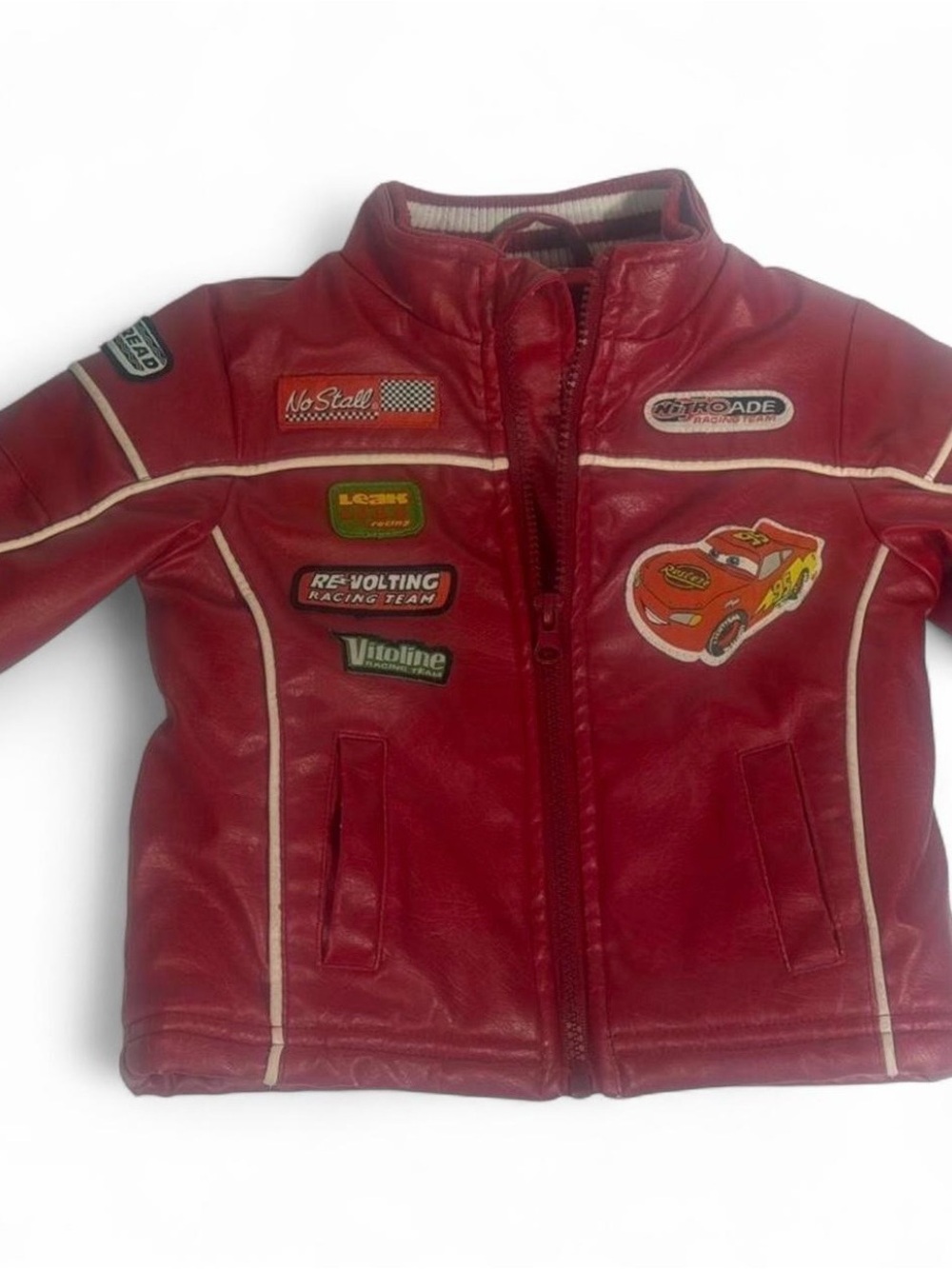 Disney Pixar Cars Red Leather Jacket with Patches And Embroidered Text